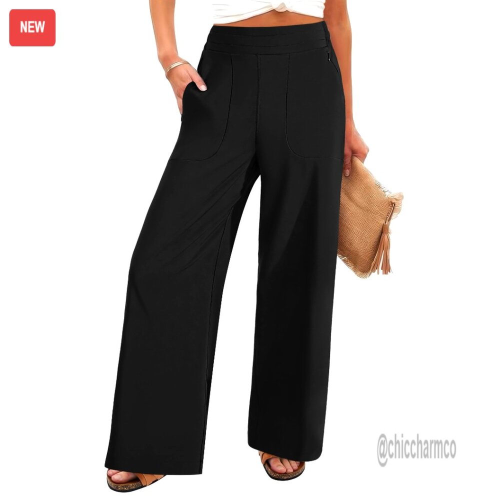 Wide Leg Palazzo Pants With Zipper Pockets, High Elastic Waist, Casual Work